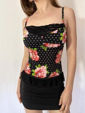 Y2k Lace Polka Dot Floral Square Neck Ruffle Cami Top